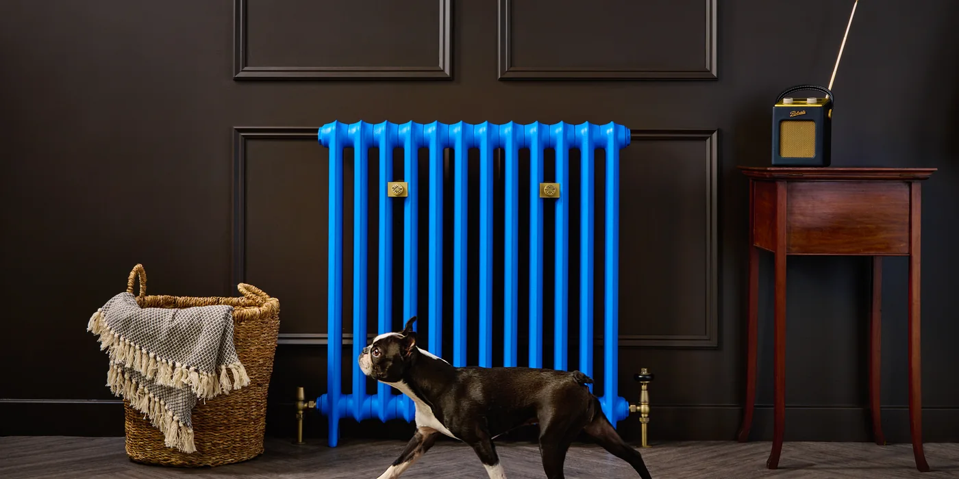 Castrads Emmeline I 685 mm cast iron radiator in bright blue against a dark panelled wall