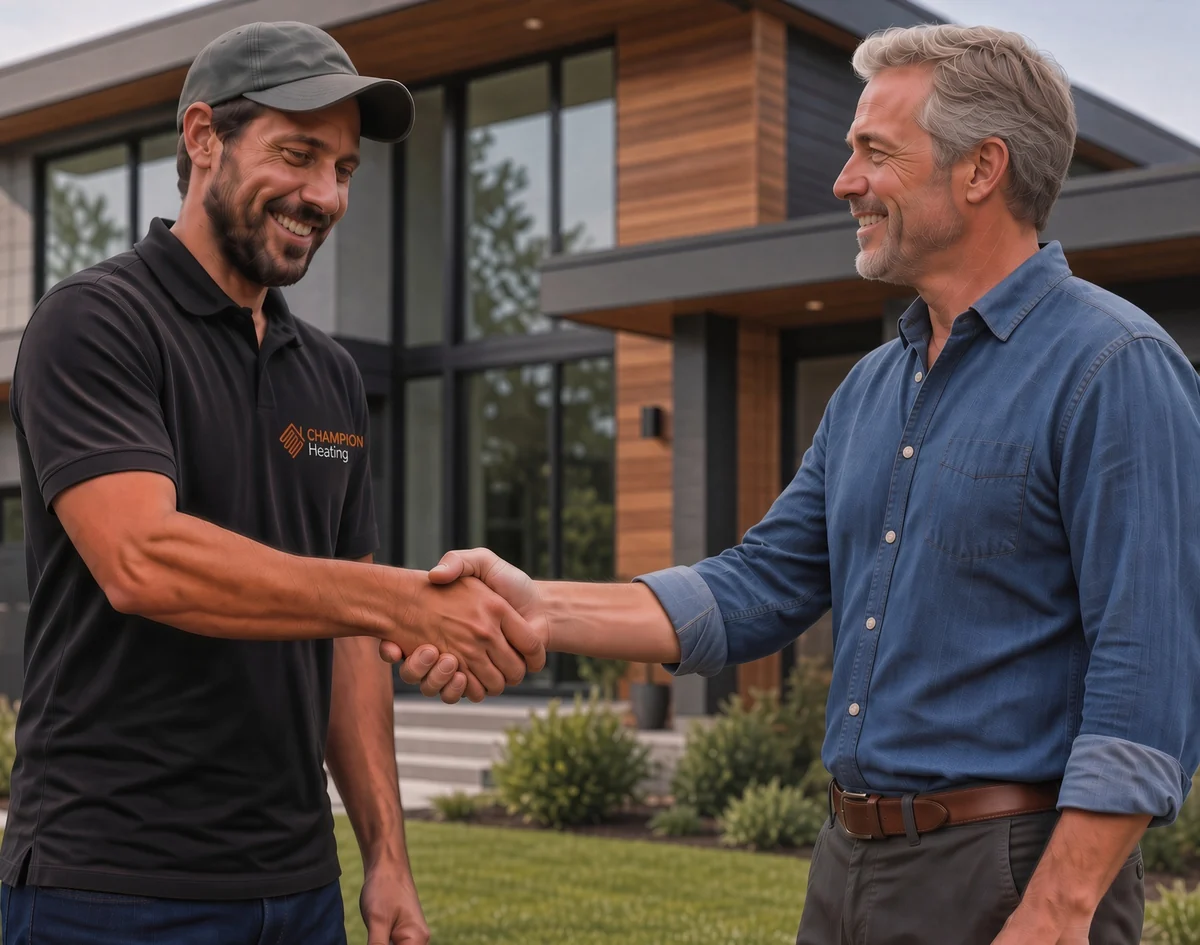 Champion Heating installer shaking hands with a homeowner at handover, Auckland