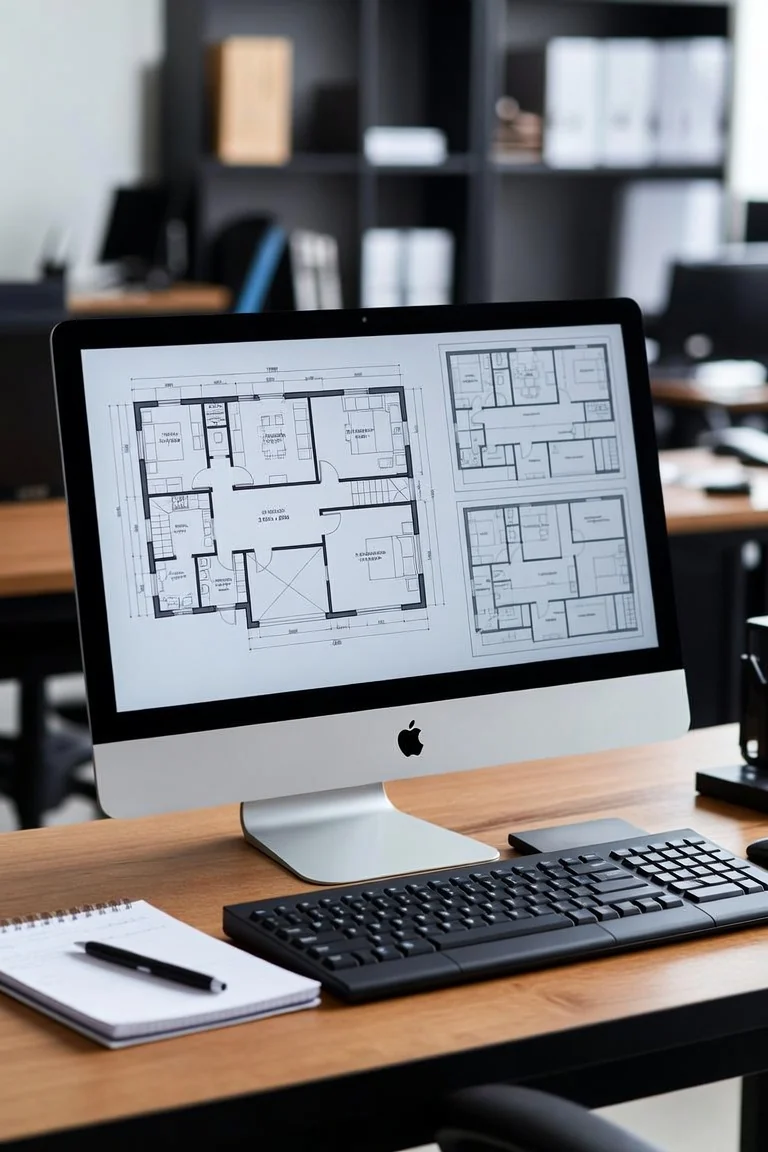 House plans open on screen at the design stage of an underfloor heating job, Auckland