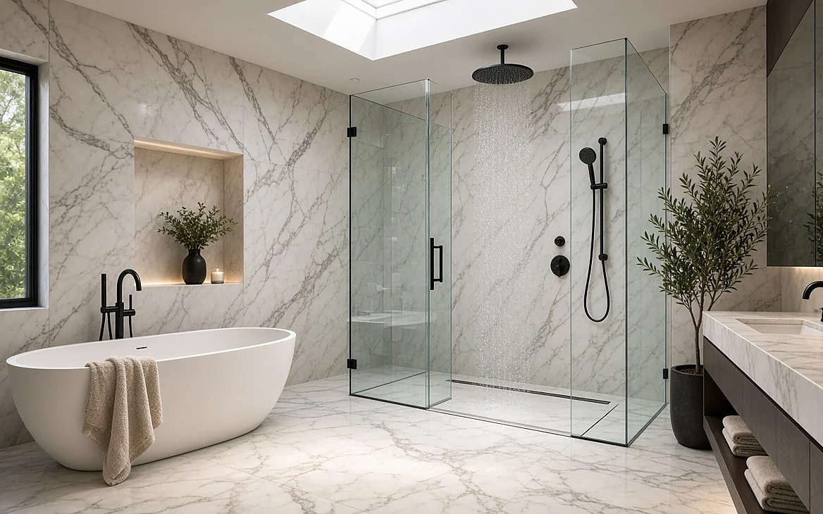 A bathroom with a freestanding bath and rain shower
