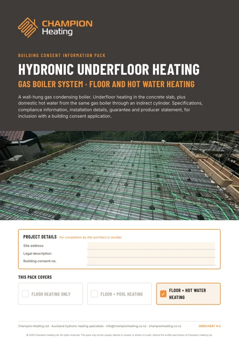 Council consent pack cover: gas boiler, floor and hot water heating