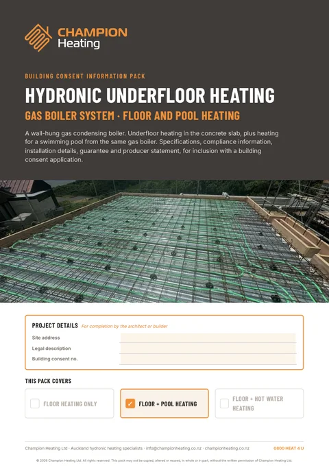 Council consent pack cover: gas boiler, floor and pool heating