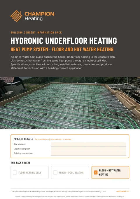 Council consent pack cover: heat pump, floor and hot water heating