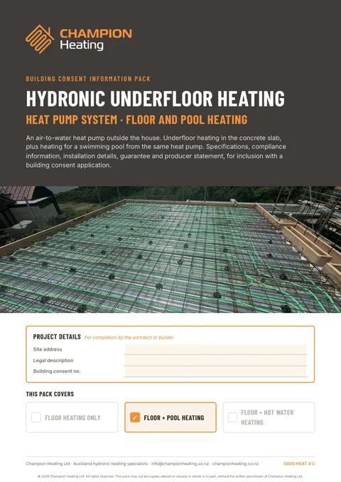 Council consent pack cover: heat pump, floor and pool heating