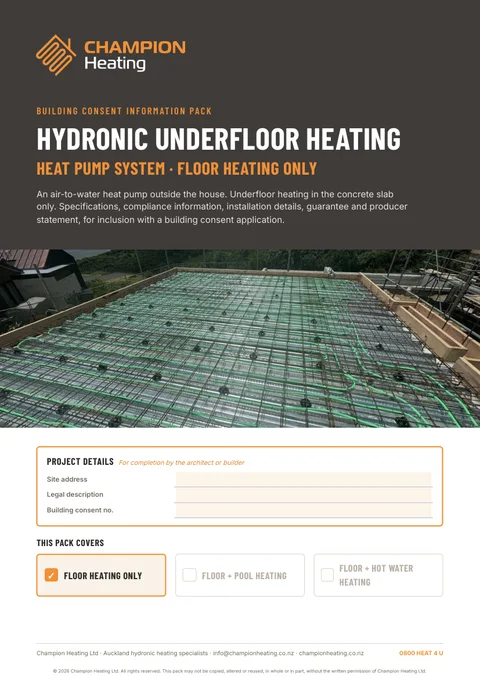 Council consent pack cover: heat pump, floor heating